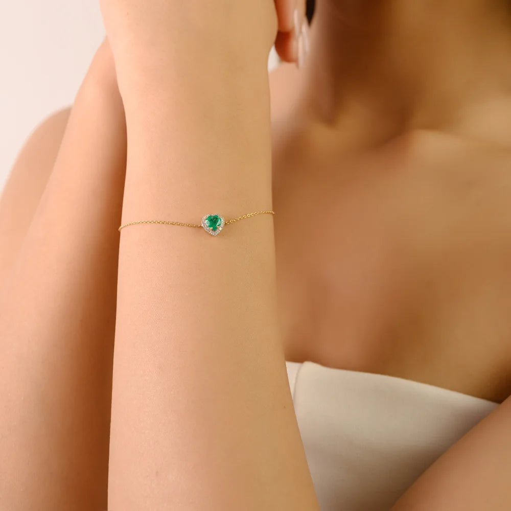 Latest Trending Products Zambian Emerald & Diamond K14 Solid Yellow Gold Spring Lock Heart Halo Bracelet Bulk Fine Jewelry TAVEN System LLC