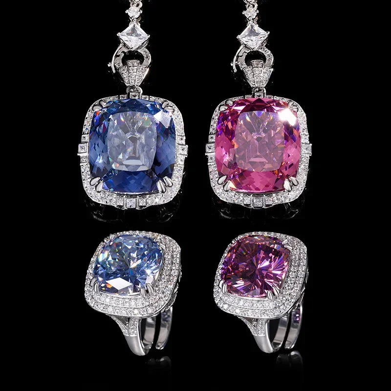 Exquisite Adjustable Ring Pendant Necklace Blue Pink High Carbon Drill Cushion Cut Jewelry in Elegant Style for Women Party Gift