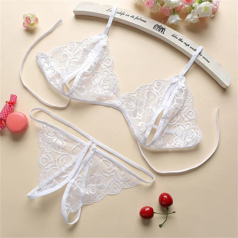 Sexy Lace-up Lingerie Set Women Hot Exotic Open Crotch Transparent Underwear G-string Bandage Bikini Three-point Set TAVEN System LLC