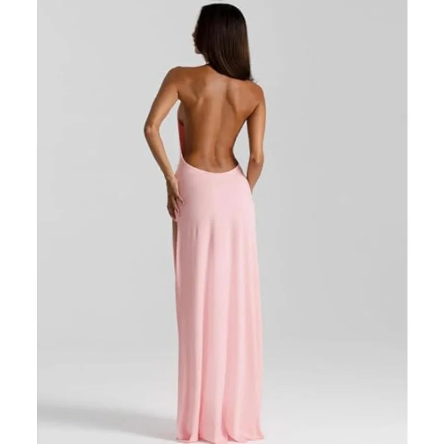 Women Deep V Neck Halter Maxi Dress Backless Ruched High Split Cocktail Party Formal Prom Gown Wedding Guest Dress TAVEN System LLC