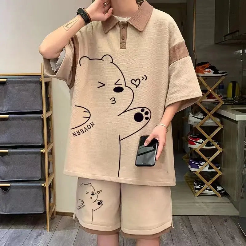 Men Summer Cartoon Bear Print Waffle Shorts Set Casual Streetwear Outfit