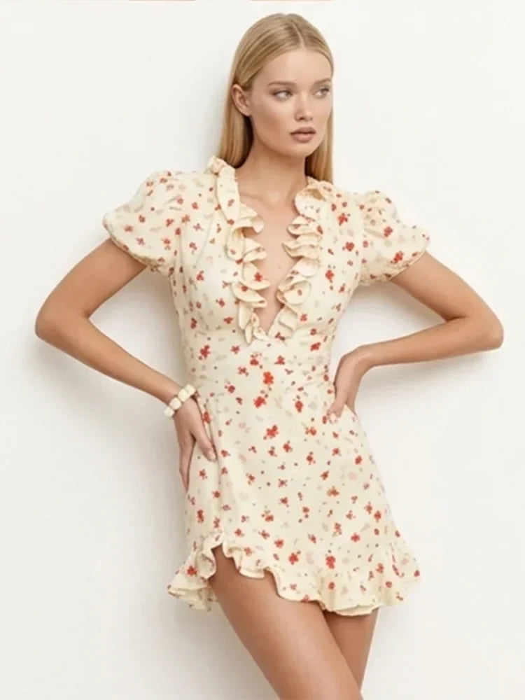 Women Elegant Printed Short Dress Chic V-neck Short Sleeve A-line Bodycon Mini Dresses 2026 Lady New Summer Vacation Street Robe TAVEN System LLC
