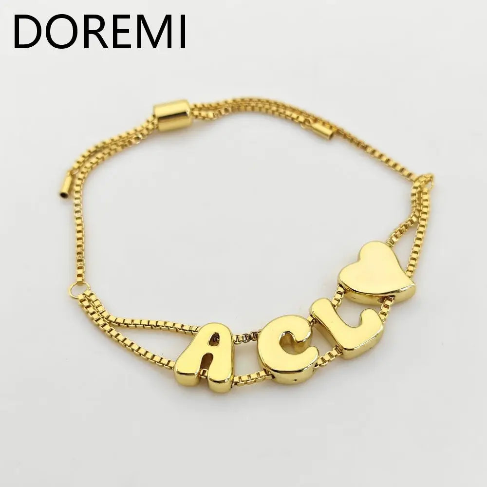 DOREMI Plain Letters Bubble Fat Initial Letter Name Bracelet Slide Beads Women Gold Bubble Custom Letter Bracelet Gift TAVEN System LLC