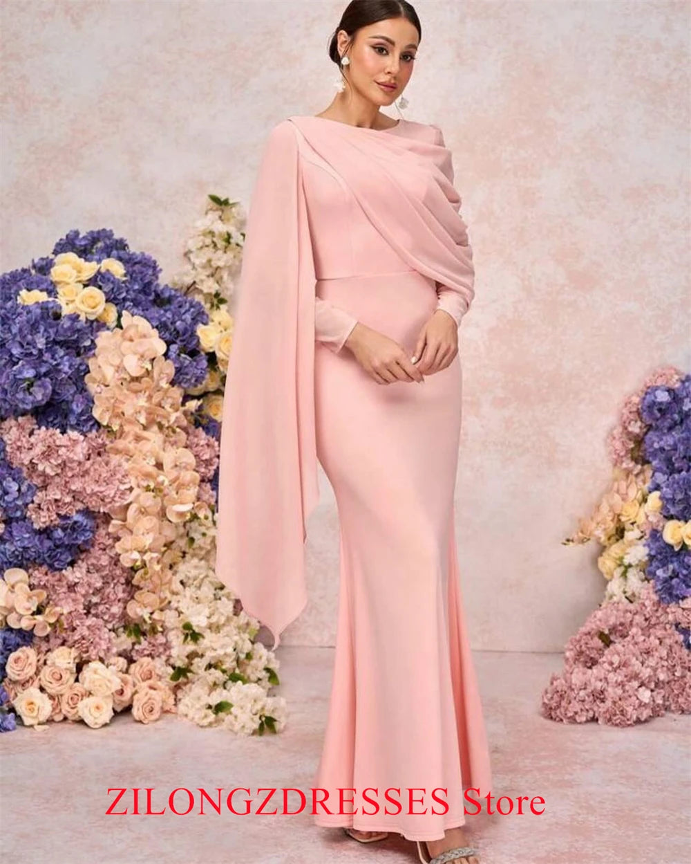 Customized  Mermaid Simple Pink Jersey Evening Dress Elegant Long Sleeves Homecoming Dresses Modern Special Occasion Go - TAVEN System LLC