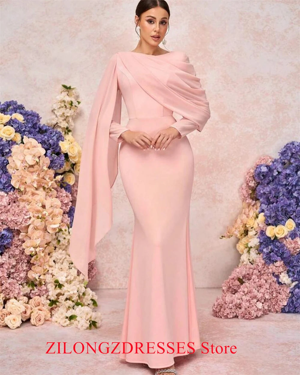 Customized  Mermaid Simple Pink Jersey Evening Dress Elegant Long Sleeves Homecoming Dresses Modern Special Occasion Go - TAVEN System LLC
