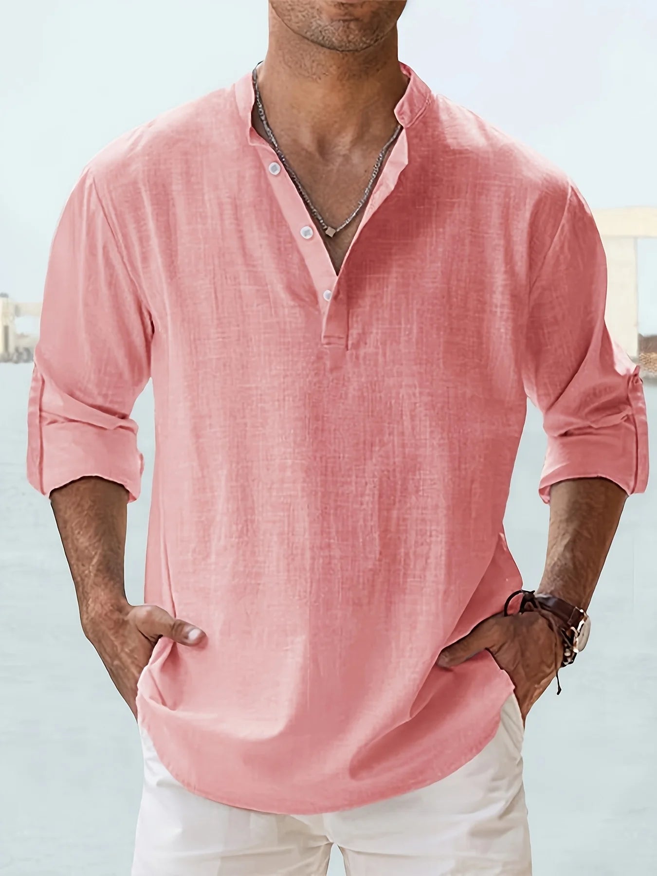 Men's Linen Stand Collar Long Sleeve Casual Cotton Shirt TAVEN System LLC