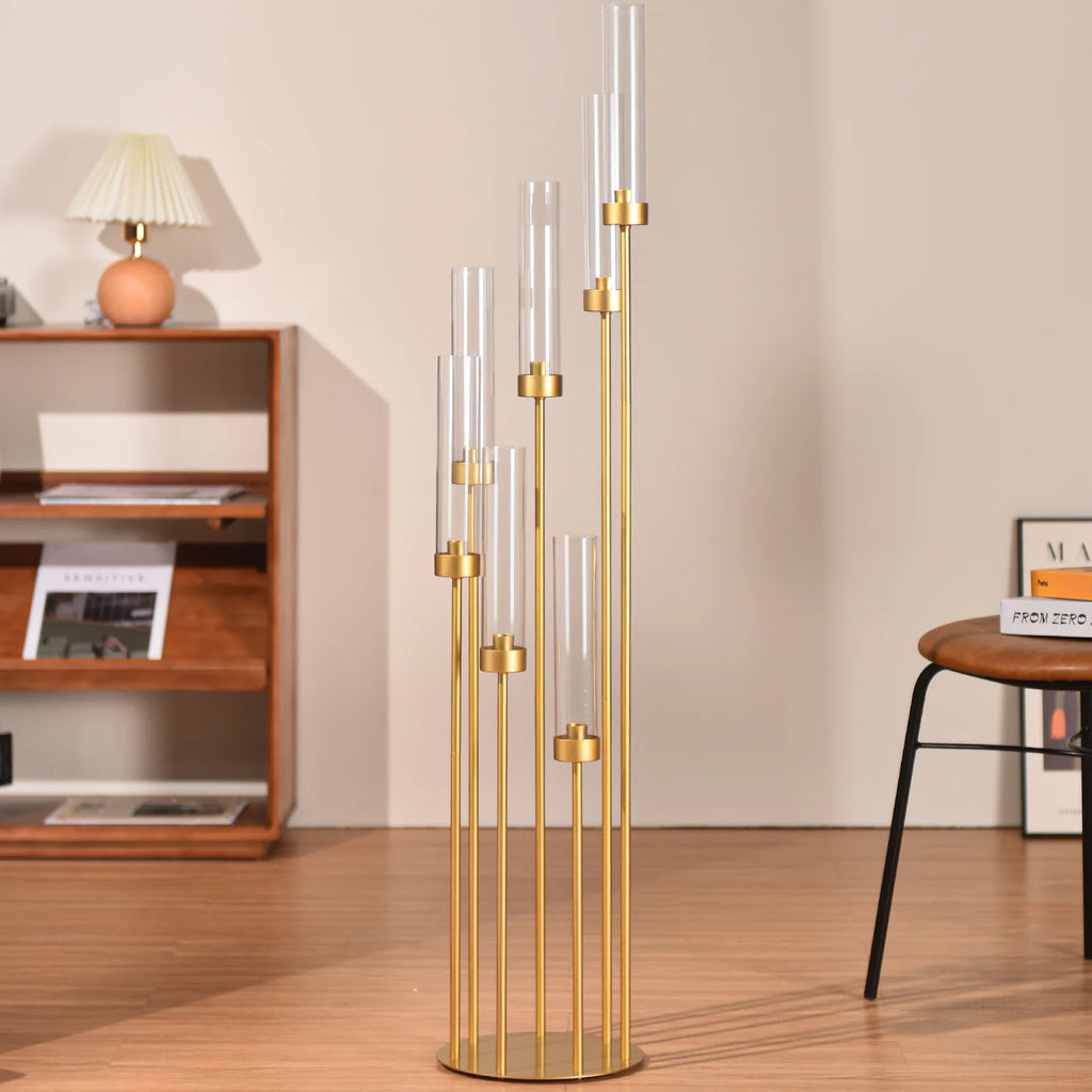 4Sets 7 Arms Floor Candelabra Wedding Centerpieces Gold 48" Tall Metal Candlestick Holders with Acrylic Removable Lampshade TAVEN System LLC