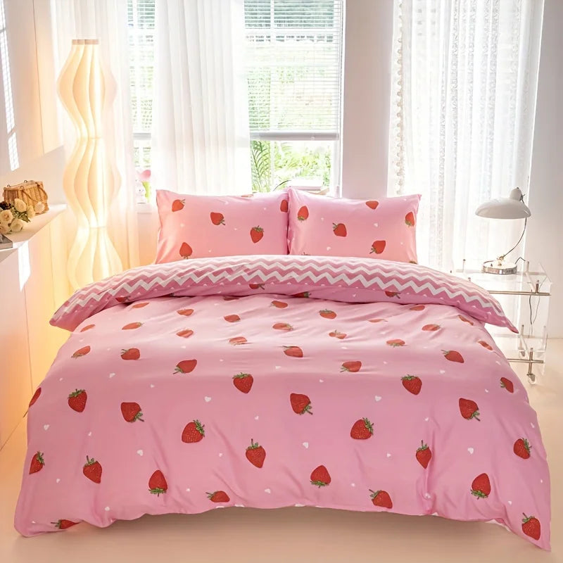 3pcs/set Small Strawberry Print Duvet Cover Set(1 Duvet Cover & 2 Pillowcase）Soft And Skin-Friendly Duvet Cover Bedding Set TAVEN System LLC
