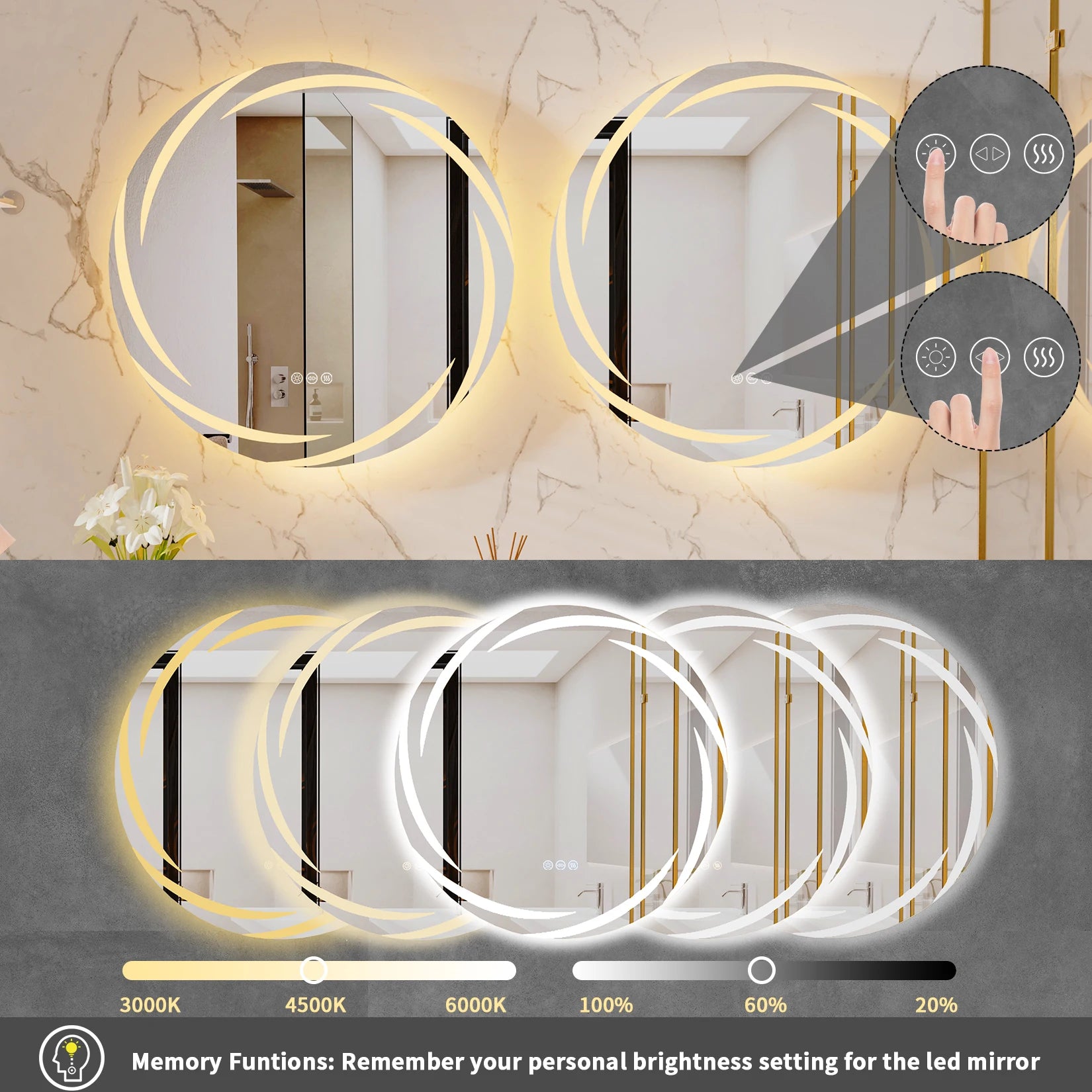 Anti-fog LED Bathroom Mirror Circle Backlit HD Wall Mounted Vanity Mirror Shatterproof 3 Colors Lights Adjust TAVEN System LLC
