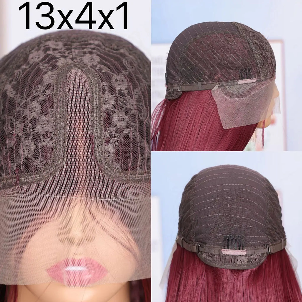 Straight 99J Burgundy Red Color Synthetic 13X4X1 HD Full Lace Frontal Wig For Women Prepucked Baby Hair Glueless Wig Daily Party