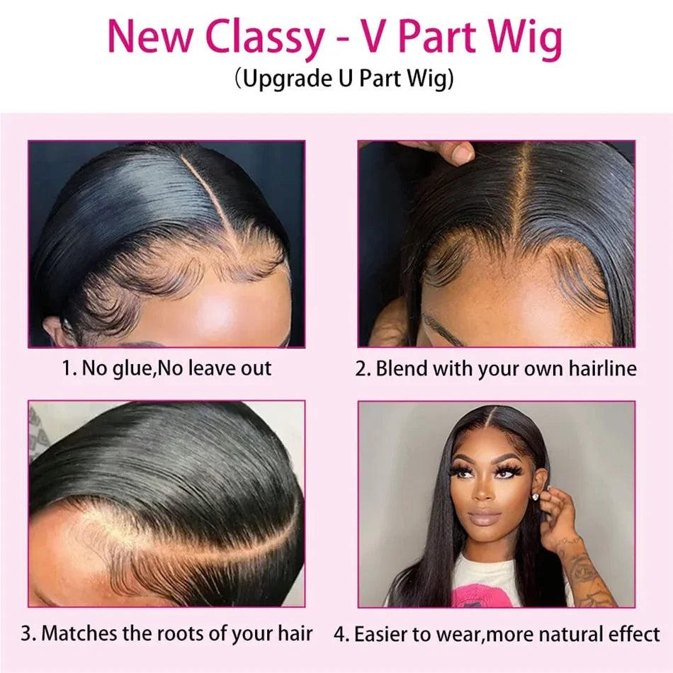 Straight V Part Brazilian Remy Human Hair Wig Glueless Long