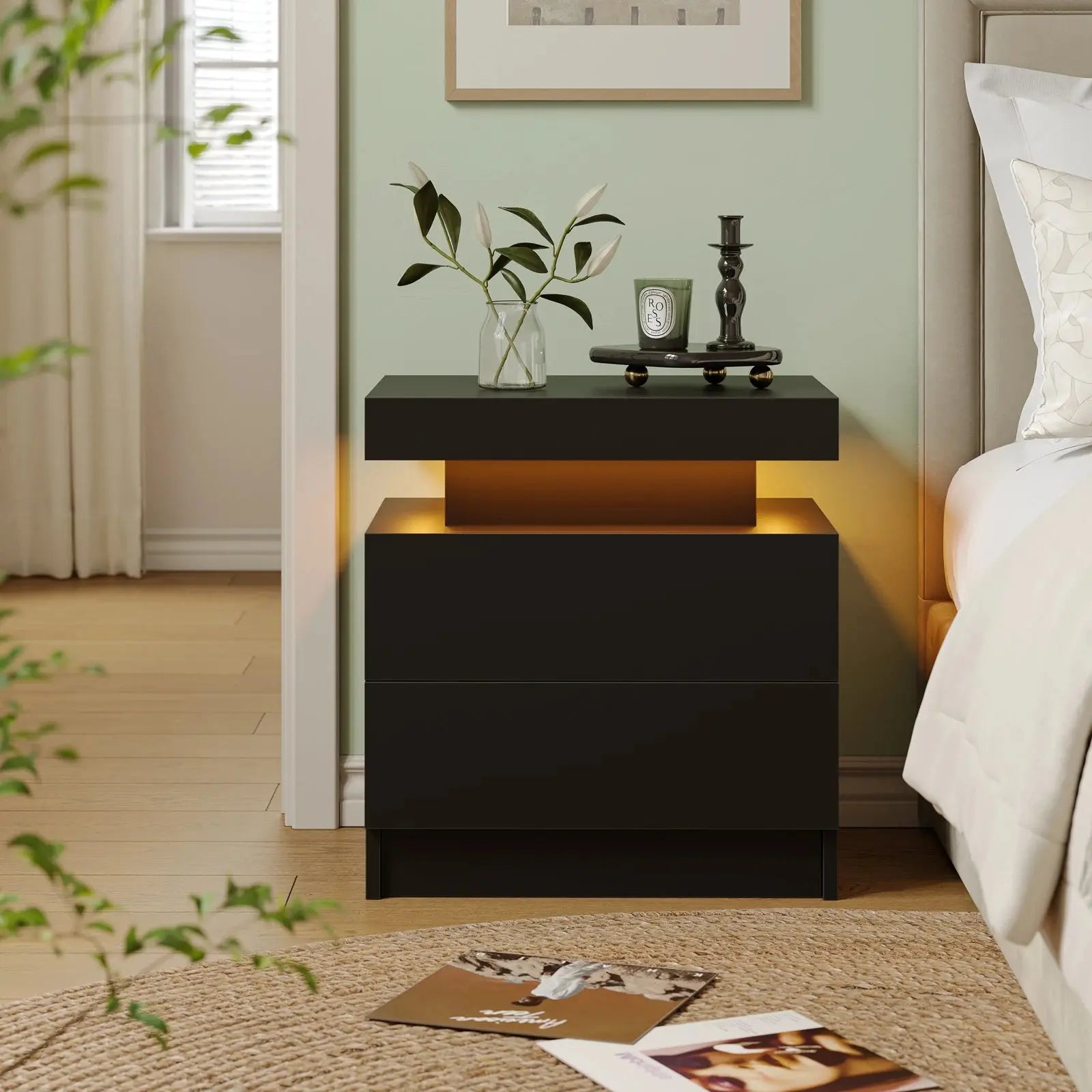 RGB Bedside White Table With 2 Drawers Cubehom LED Nightstand TAVEN System LLC