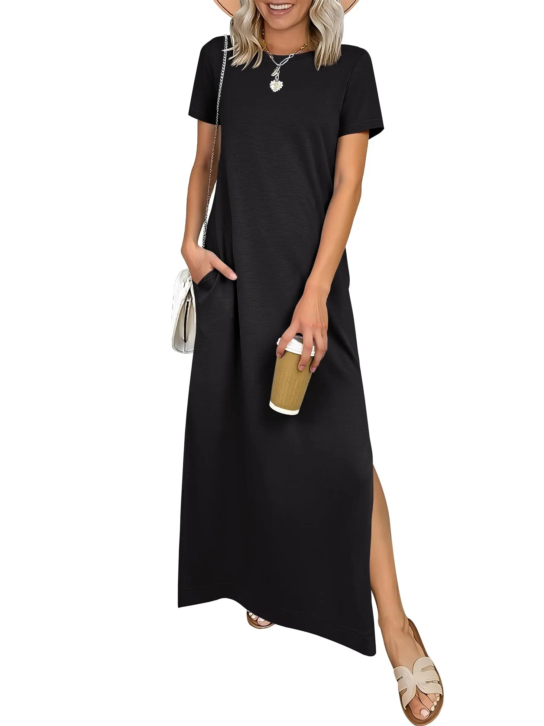 Women Short Sleeve Maxi Dress Crew Neck Side Split Casual Loose Dress