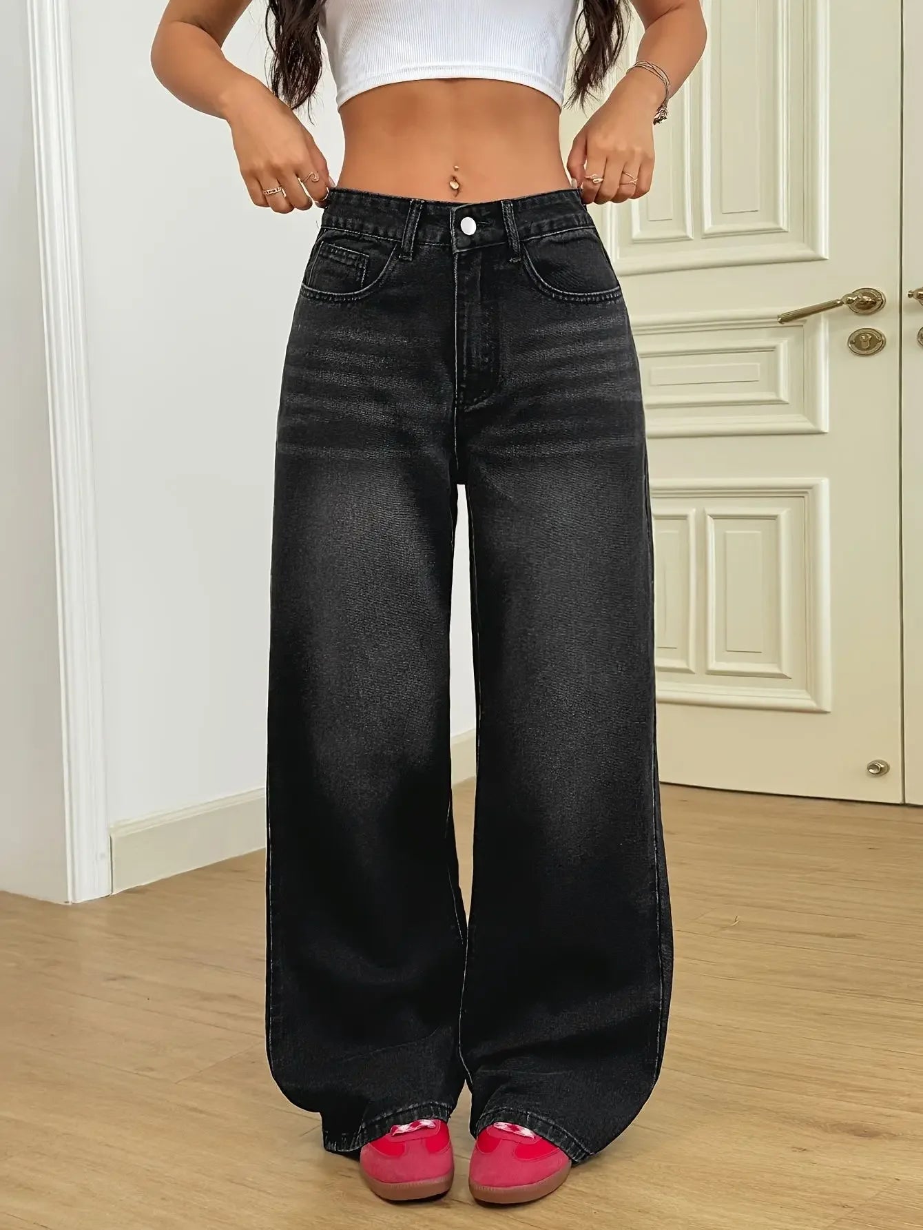 Trendy Wide Leg Distressed Jeans cc Casual Straight Denim Pants TAVEN System LLC