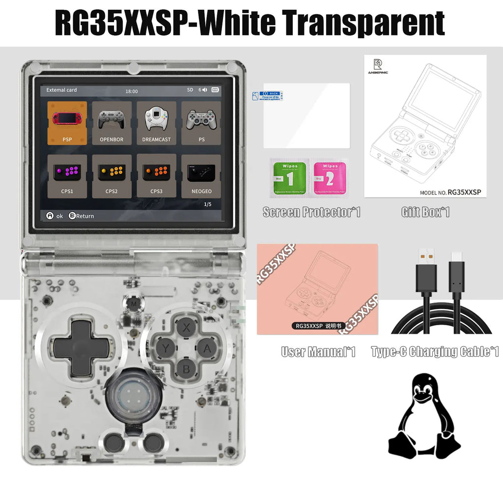 ANBERNIC RG35XXSP FILP 3.5 Inch IPS Screen Retro Game Console 64GB Built-in TF Card 3300mAh Battery Linux System HD TV Output Support Classic Casual Gaming  Built-in Hall Switch Chip TAVEN System LLC