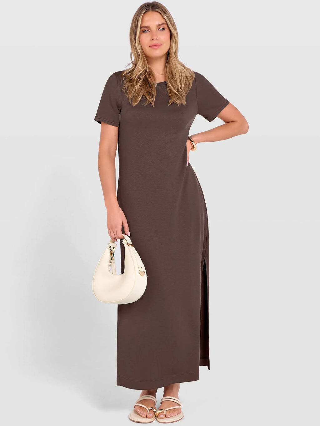 Women Short Sleeve Maxi Dress Crew Neck Side Split Casual Loose Dress