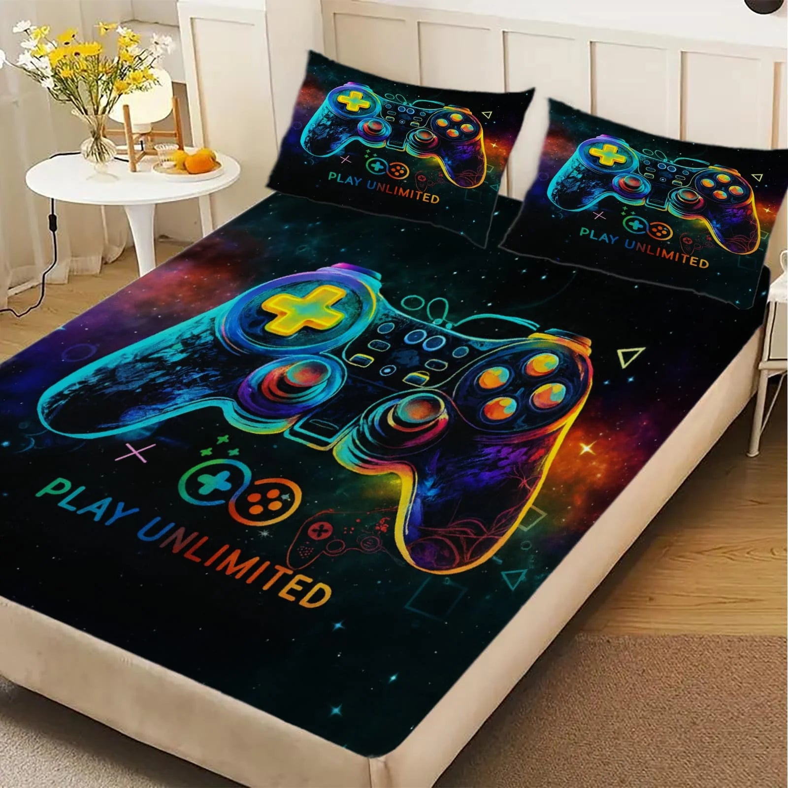 1pc Neon Cosmic Game Controller Print Fitted Sheet Deep Pocket Elastic Mattress Cover Single Double Queen King Bedroom Decor TAVEN System LLC