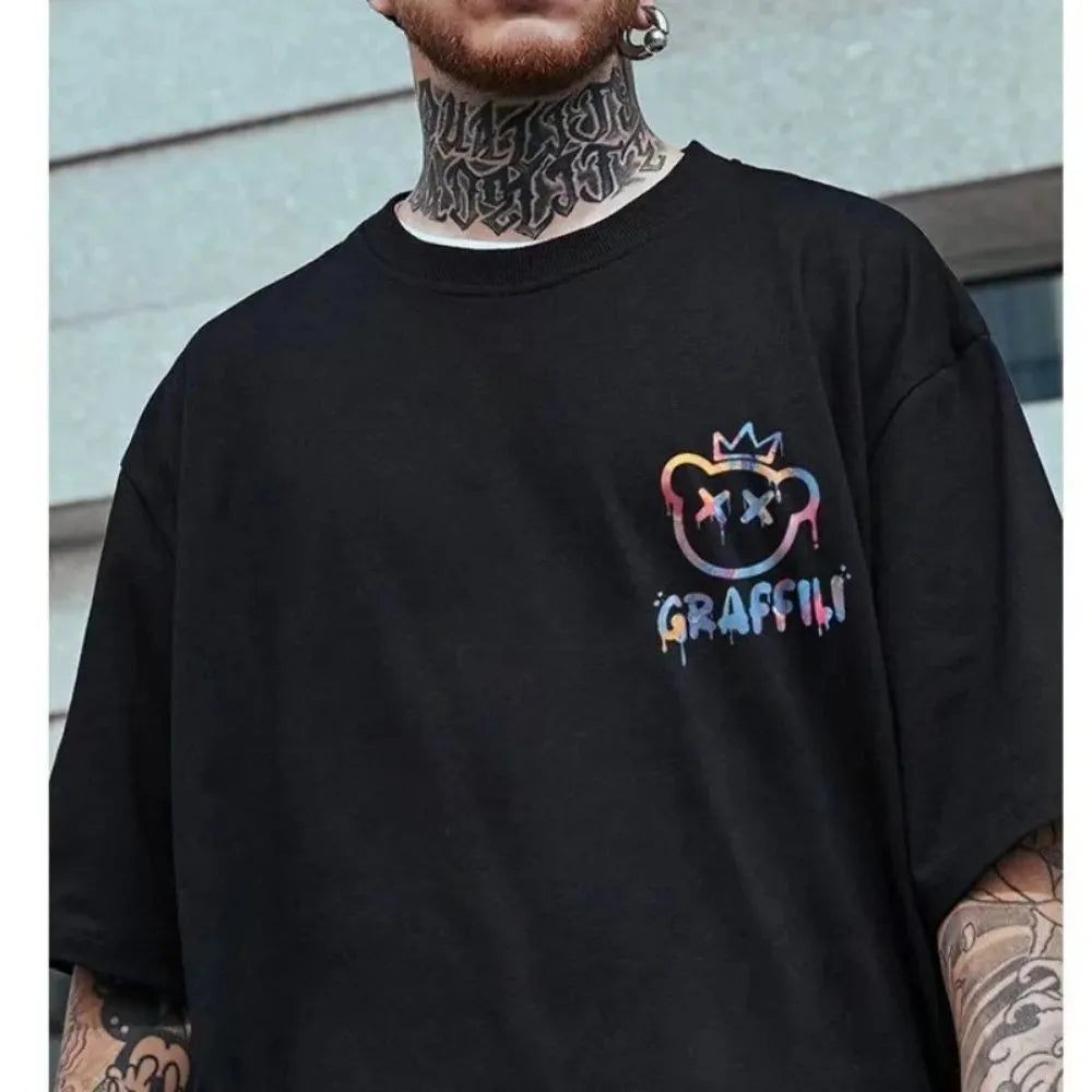 New men's summer colorful teddy bear letter print comfortable and breathable round neck T-shirt outdoor street top TAVEN System LLC