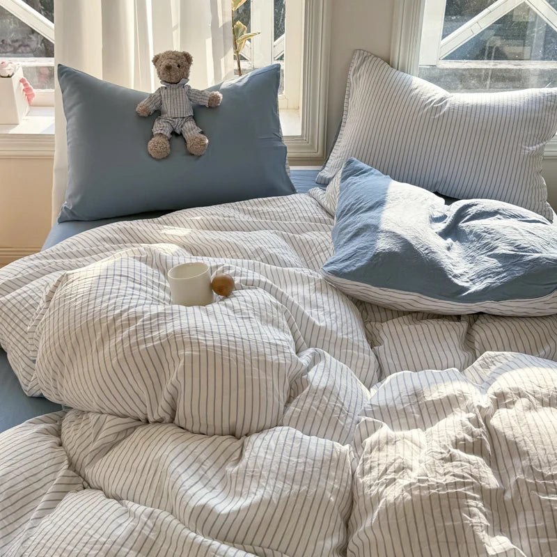 Soft Washed Cotton Bedding Set Striped Style Duvet Cover Sets with Quilt Cover Bedsheet Pillowcase 100% Cotton Bed Sheet Sets TAVEN System LLC