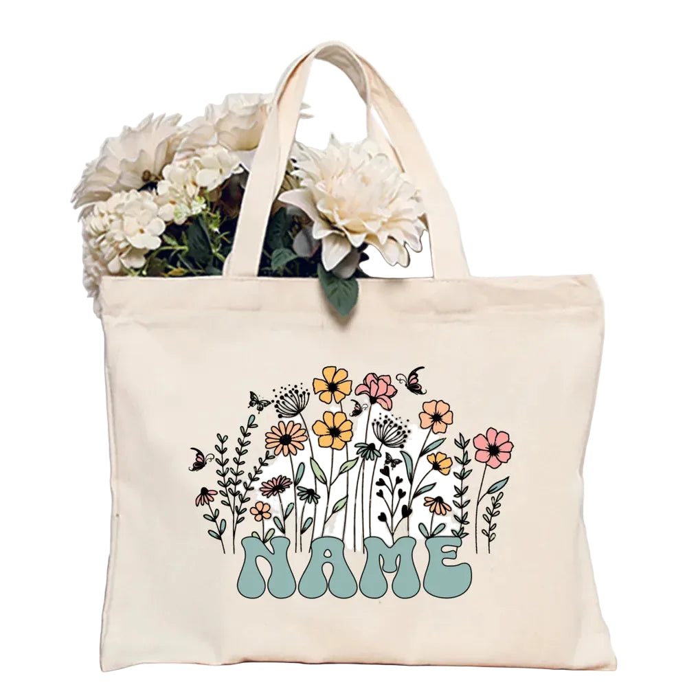 Personalized Flower Name Canvas Tote Bag Women Shoulder Shopper TAVEN System LLC