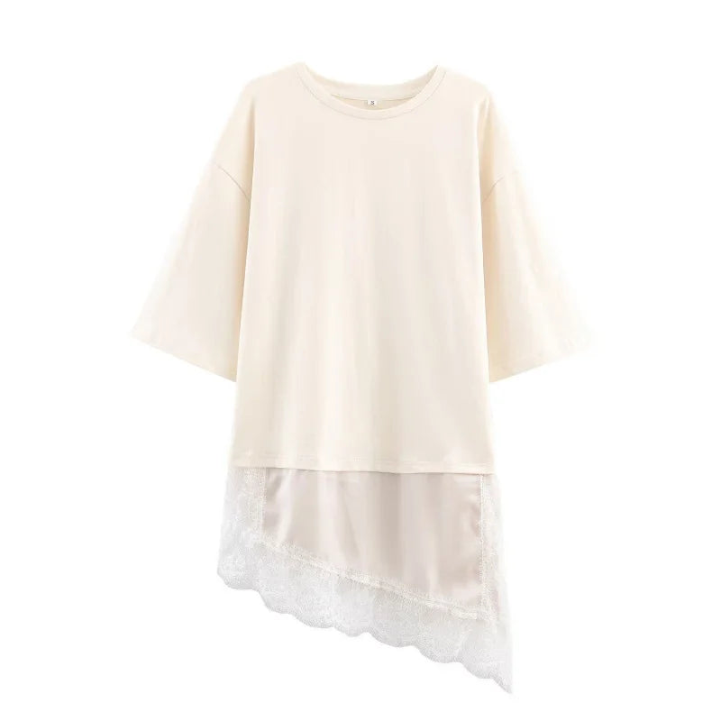 Women Asymmetric Lace Trim T-Shirt Loose Casual Summer Half Sleeve TAVEN System LLC