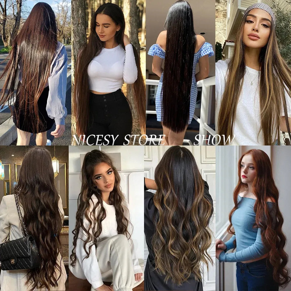 Color: T1B/613, Stretched Length: 22inches, Ships From: CHINA - Synthetic Natural Wavy No Clip Fish Line Invisible Hair Extensions Mixed Color Blonde Black Artificial False Hair Piece ForWomen Taven