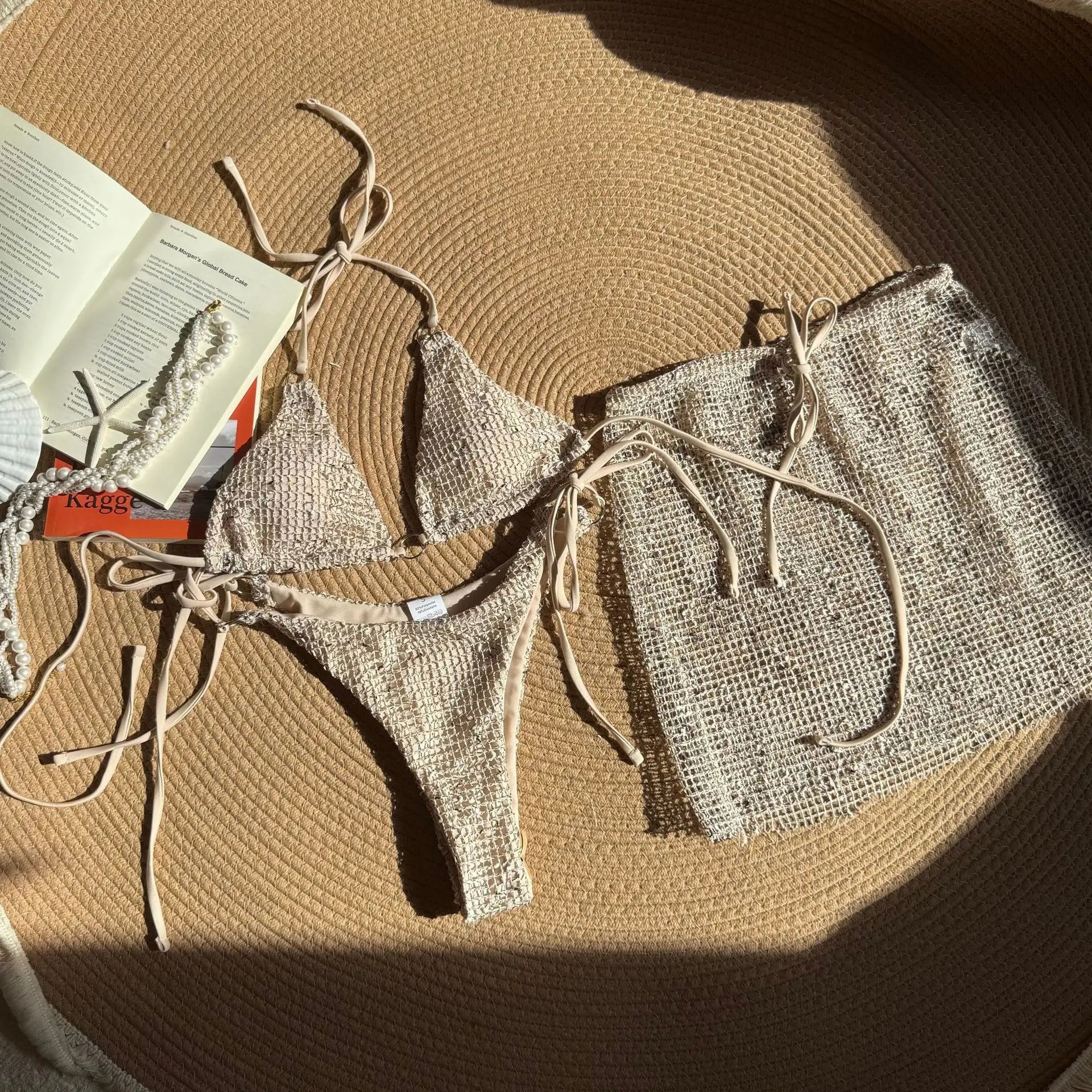2025 New Summer Halter Bikini 3 Pieces Women Special Material Sexy Thong Swimwear with Sarong Skirt Solid Pink Beachwear TAVEN System LLC