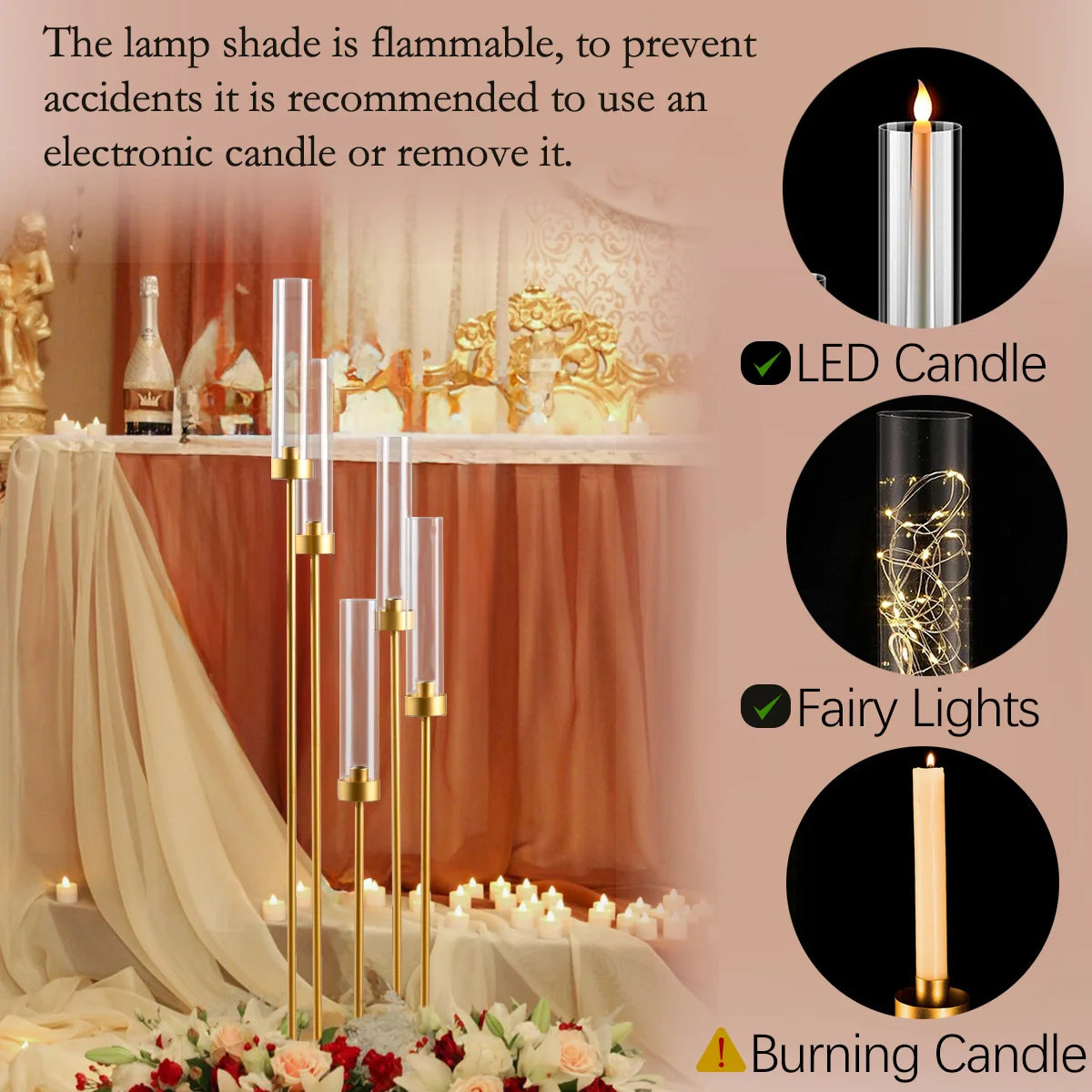 Gold Floor Candelabra 5 Arm Tall Candle Holder with Acrylic Lampshade for Wedding Table Birthday Party Decoration 10PCS TAVEN System LLC