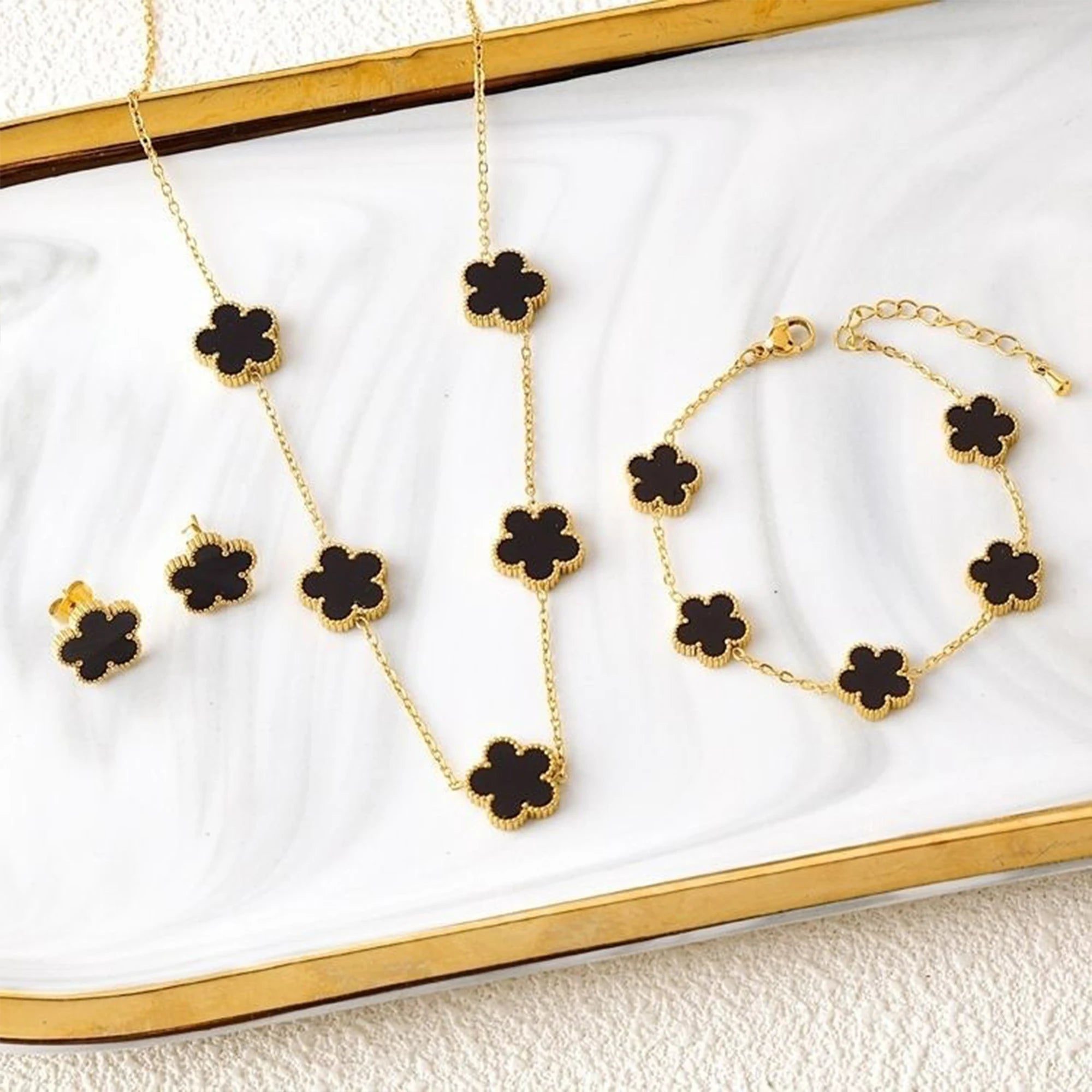 3Pcs 18k Gold-Plated Five-Leaf Flower Necklace Earrings Bracelet Jewelry Set for Woman Fashion Party Jewelry Daily Wear Clover TAVEN System LLC