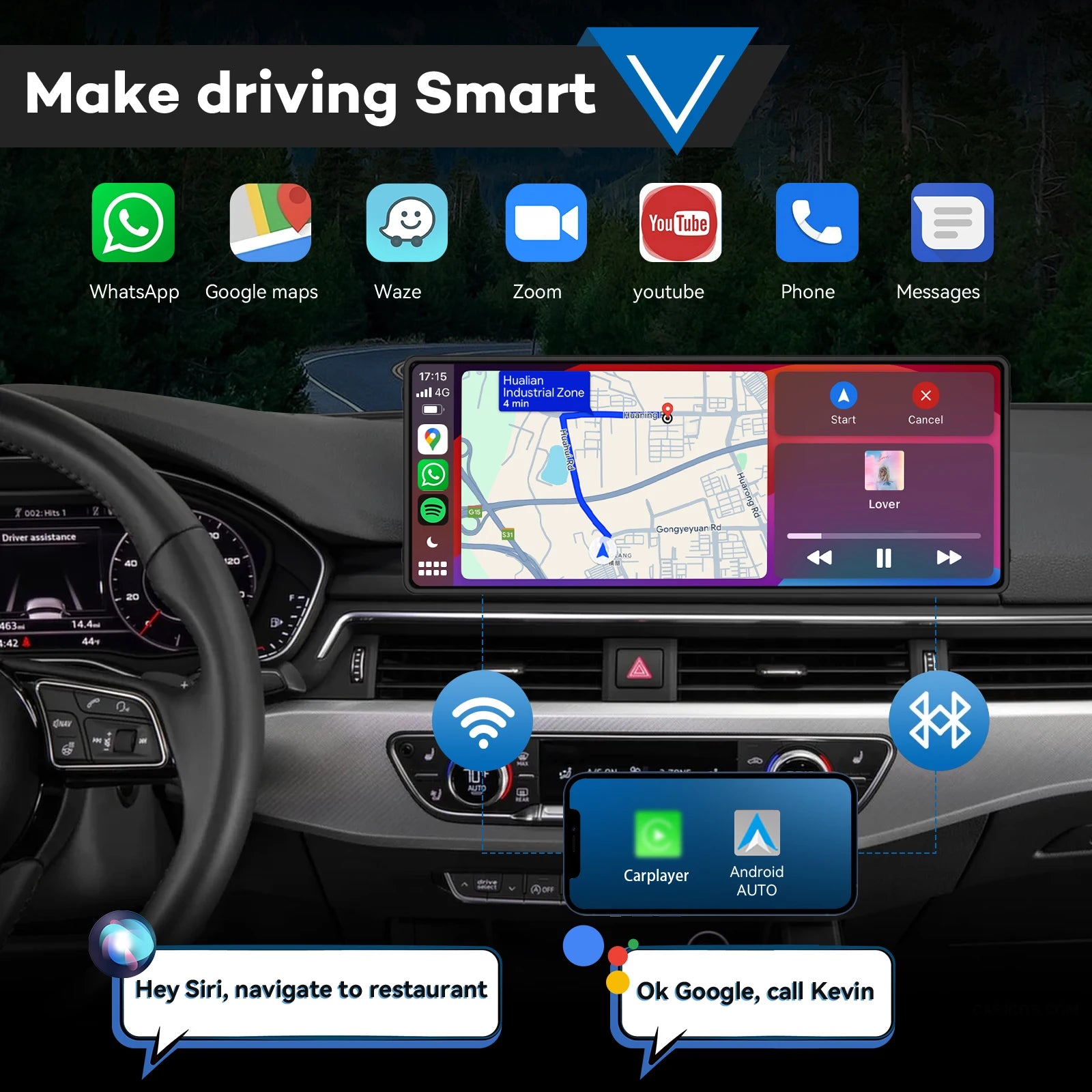 Portable Wireless Carplay Car Stereo, 10.26" inch HD Touchscreen for Car with CarPlay& Android Auto with Mirror Link/Backup Cam