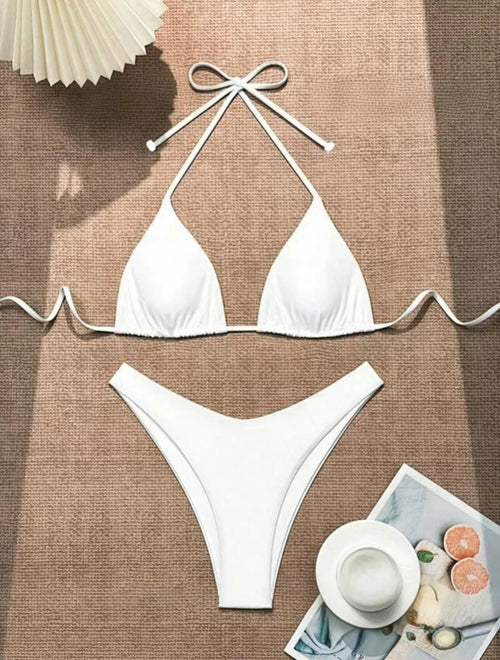 2025 Women White Bikini Chest Padded New Sexy Halter Bikini Two-Piece Set With Drawstring Straps Solid Brazilian Bathing Suit TAVEN System LLC