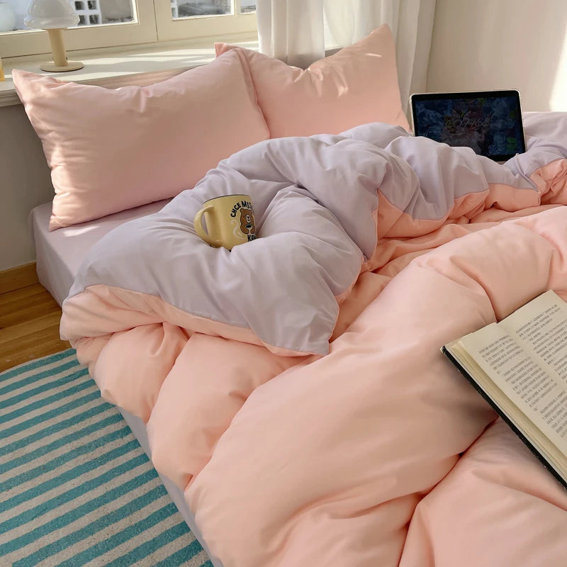 Cotton Bedding Set 4pcs with Solid Bed Sheet Duvet Cover Pillowcases Single Couple Bedsheet King Queen Double Twin Size TAVEN System LLC