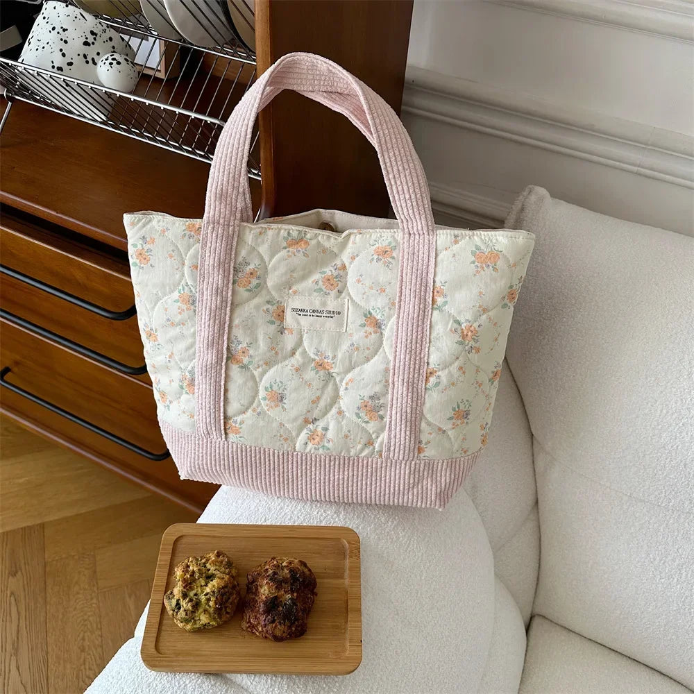 Women Floral Patchwork Tote Bag Retro Cotton Shoulder Shopper Bag