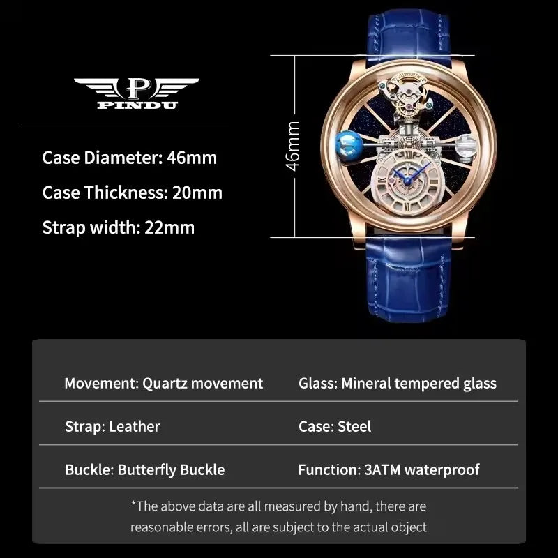 PINDU Design Man Wristwatch Transparent Hollow Design Celestial Roulette Quartz Watches Water Resistant Leather Men's Watch Box - TAVEN System LLC