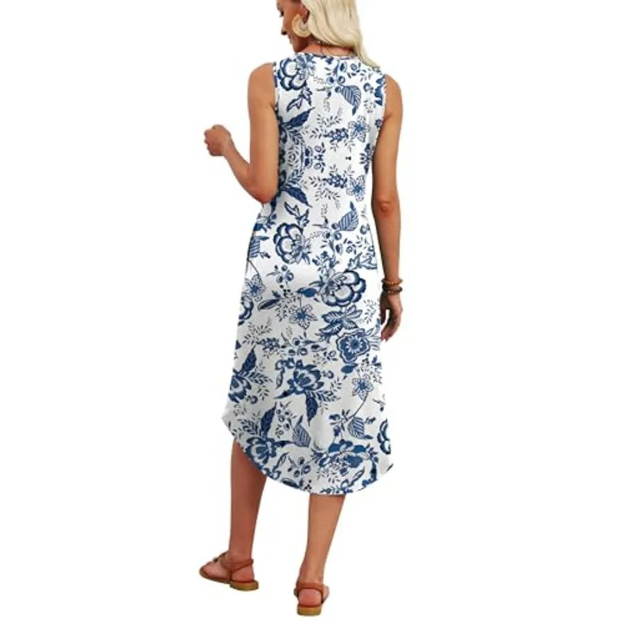 Women Sleeveless Floral Midi Dress Beach Casual Vacation Sundress