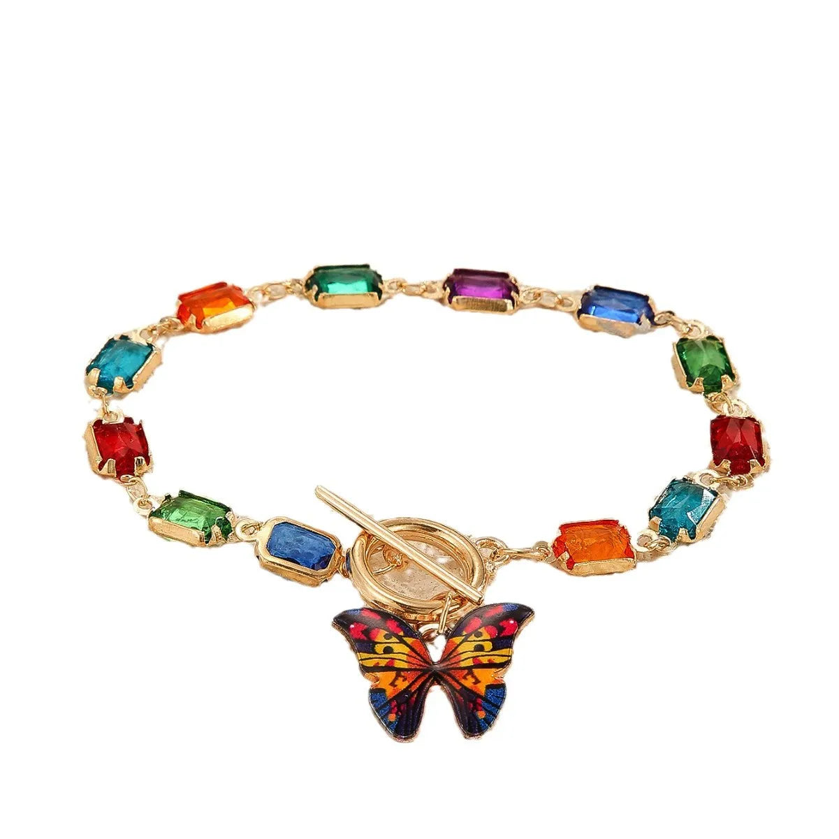 Multicolor Rectangle Rhinestone Butterfly OT Toggle Jewelry Set for Women, 14K Gold Plated Matching Choker Necklace Stackable Bracelet, Boho Colorful Summer Jewelry Gift for Festival Vacation Party TAVEN System LLC