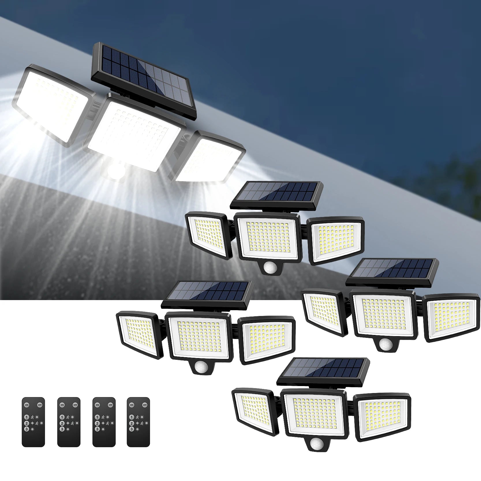 Solar 3 head motion sensor security light with 200 plus LED