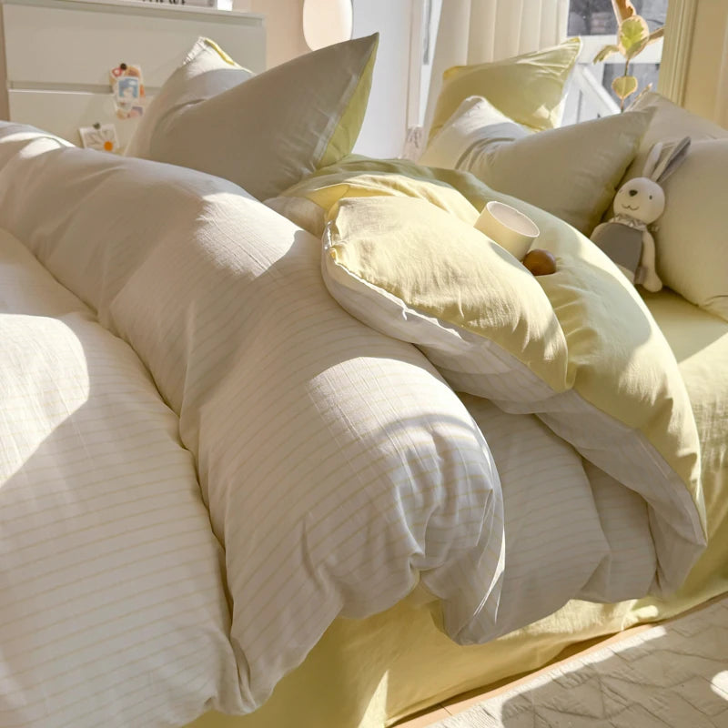 Soft Washed Cotton Bedding Set Striped Style Duvet Cover Sets with Quilt Cover Bedsheet Pillowcase 100% Cotton Bed Sheet Sets TAVEN System LLC