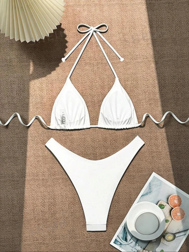 2025 Women White Bikini Chest Padded New Sexy Halter Bikini Two-Piece Set With Drawstring Straps Solid Brazilian Bathing Suit TAVEN System LLC