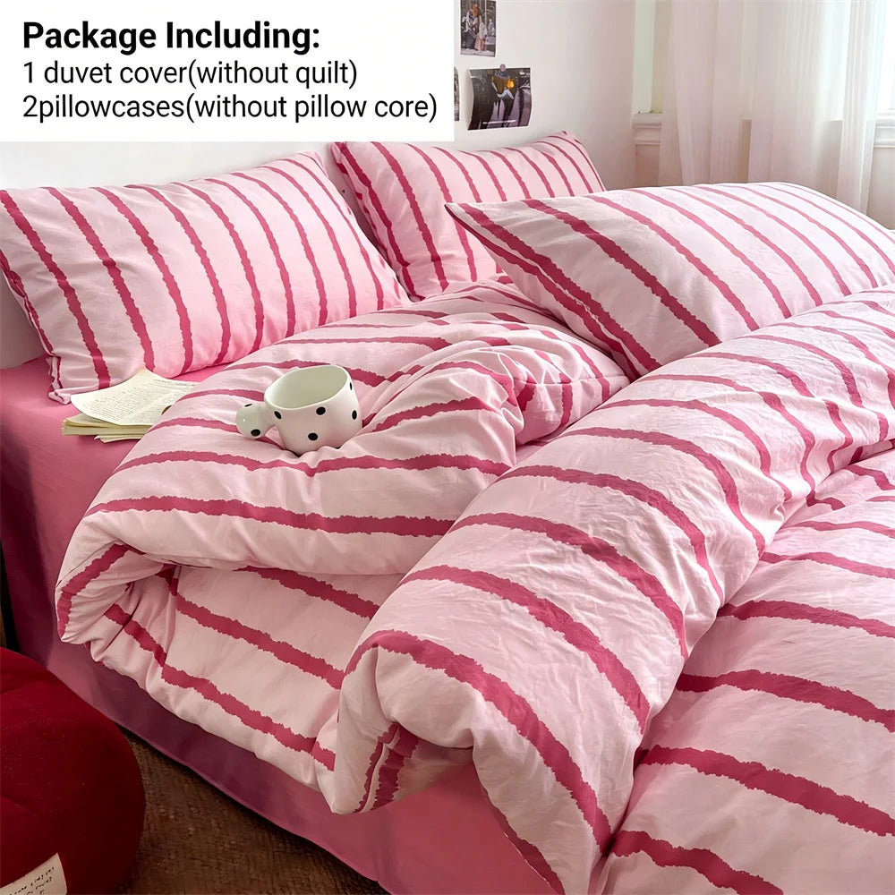 3pcs Simple Pink Striped Duvet Cover Set with 2 Pillowcases Soft Washed Cotton Bedding Set For Girls 150x200cm Bedroom Decor TAVEN System LLC