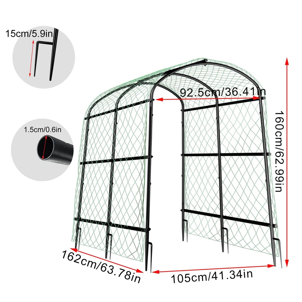 U shaped metal garden trellis with netting for climbing plants