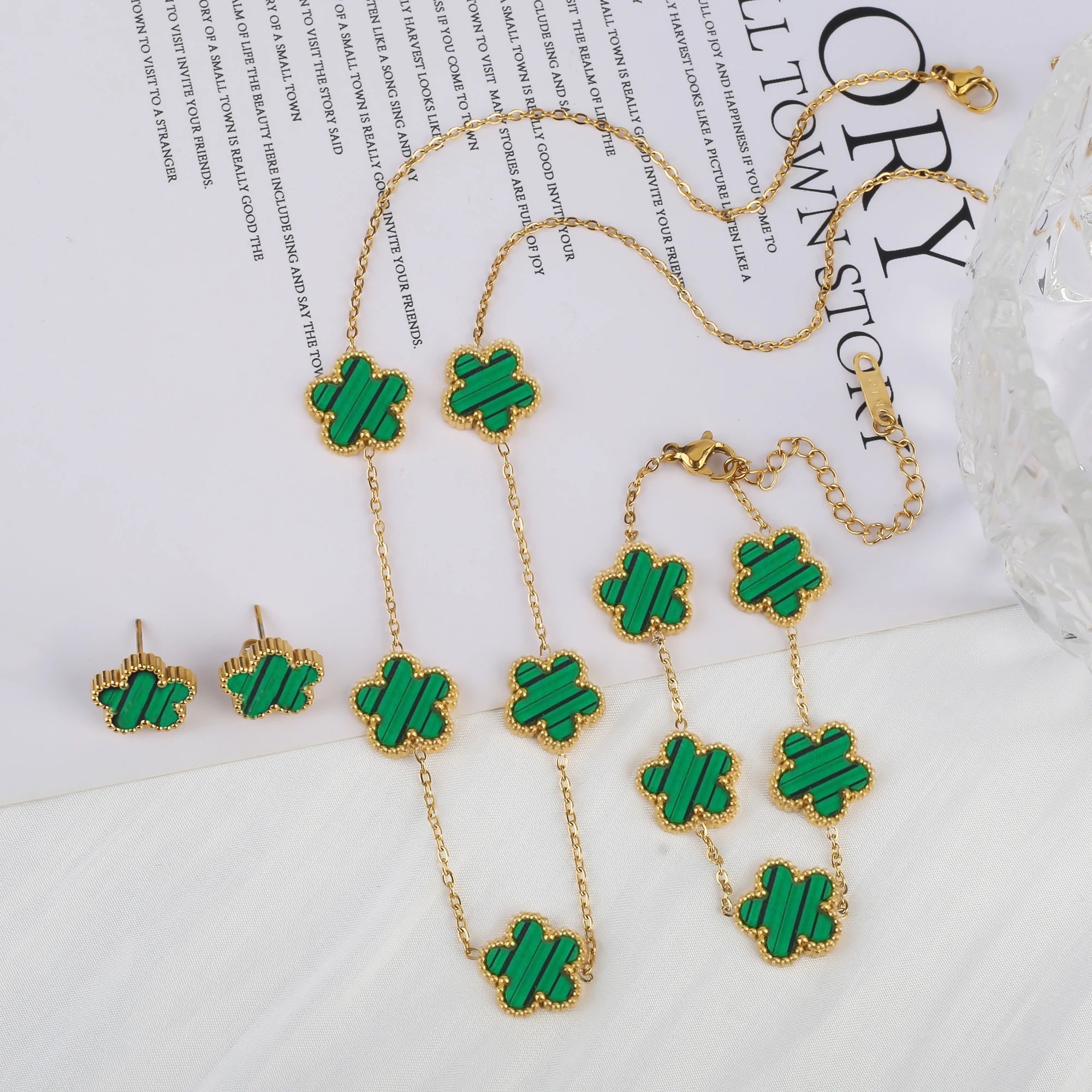 Simple 316L Stainless Steel Flower Five Leaf Necklace Bracelet Earrings 18K Gold Plated Jewelry Set for Women Girl Gift Clover TAVEN System LLC