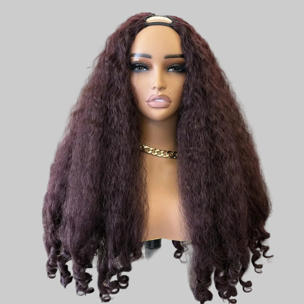 Afro Kinky Straight V Part Synthetic Glueless Wig for Women