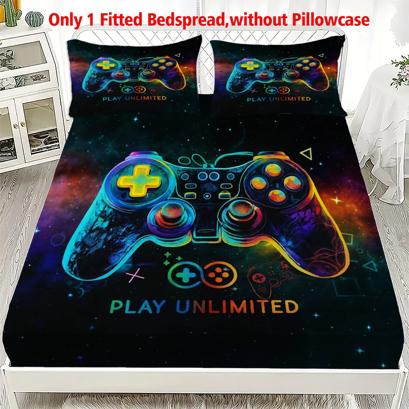 1pc Neon Cosmic Game Controller Print Fitted Sheet Deep Pocket Elastic Mattress Cover Single Double Queen King Bedroom Decor TAVEN System LLC