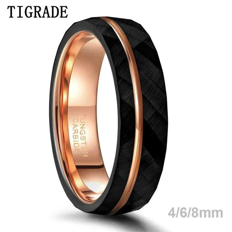 Tigrade 4mm 6mm 8mm Black Tungsten Rings for Men Women Thin Rose Gold Groove Hammered Wedding Band Ring Comfort Fit Size 5-14 TAVEN System LLC