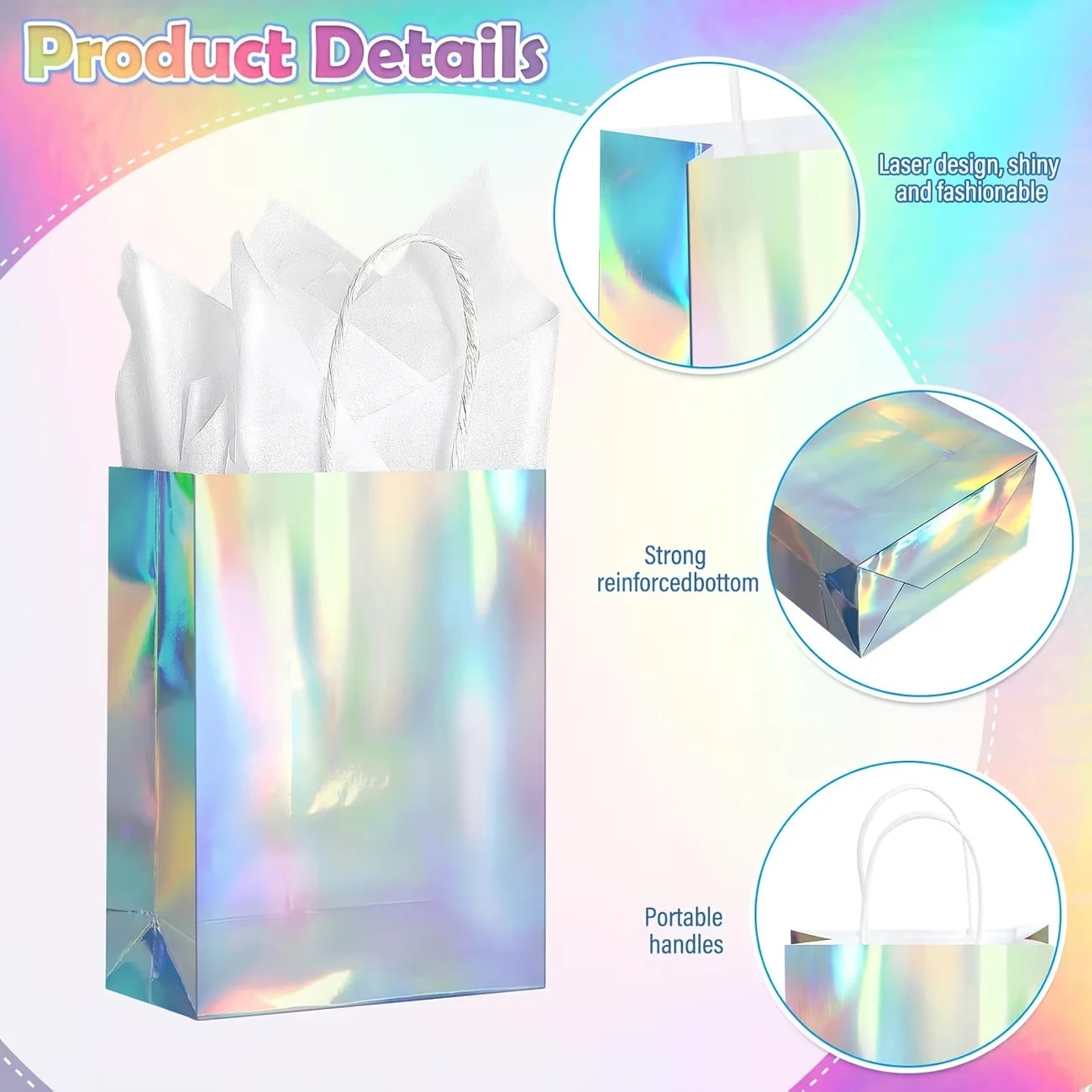15pcs Reusable Laser Iridescent Holographic Glossy Paper Gift Bags with Sturdy Handles - Rainbow Gradient Colors for Graduation, Wedding, Baby Shower, Birthday, Disco Party - Goodie Bags Bulk Pack, Reusable Gift Bags, Event F TAVEN System LLC