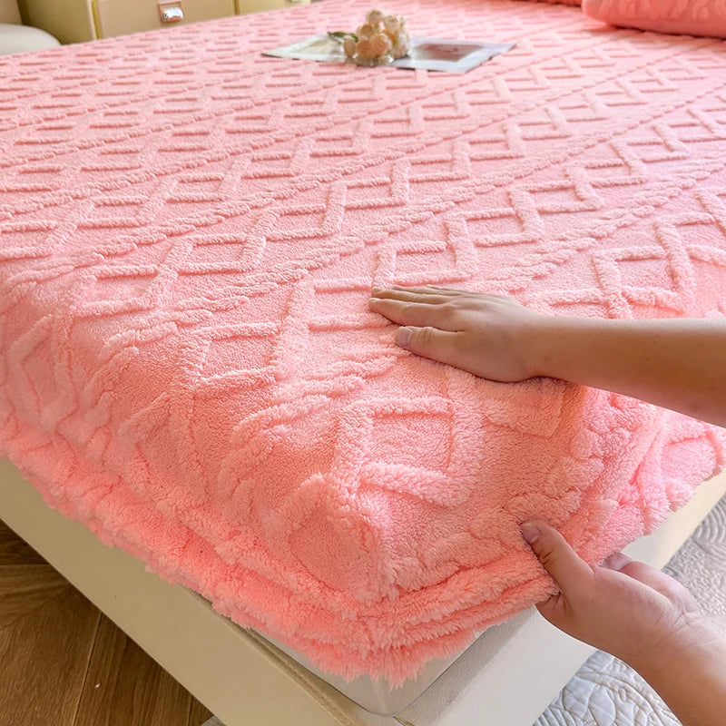 1pc Winter Warm Bed Sheet with Elastic Band Single/Queen/King Mattress Cover Thick Coral Fleece Fluffy Fitted Bed Sheets for Bed TAVEN System LLC