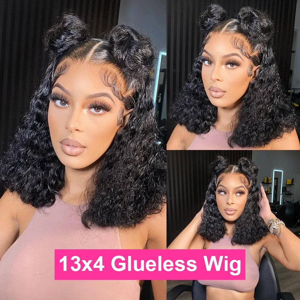 Hair Color: #1B, Ships From: United States, Stretched Length: 10inches, Density: 150% - Water Wave Bob Wig Glueless Preplucked Human Wigs Ready To Go 13x4 Frontal Brazilian Wigs HD Transparent Lace Wig Deep Curls Taven