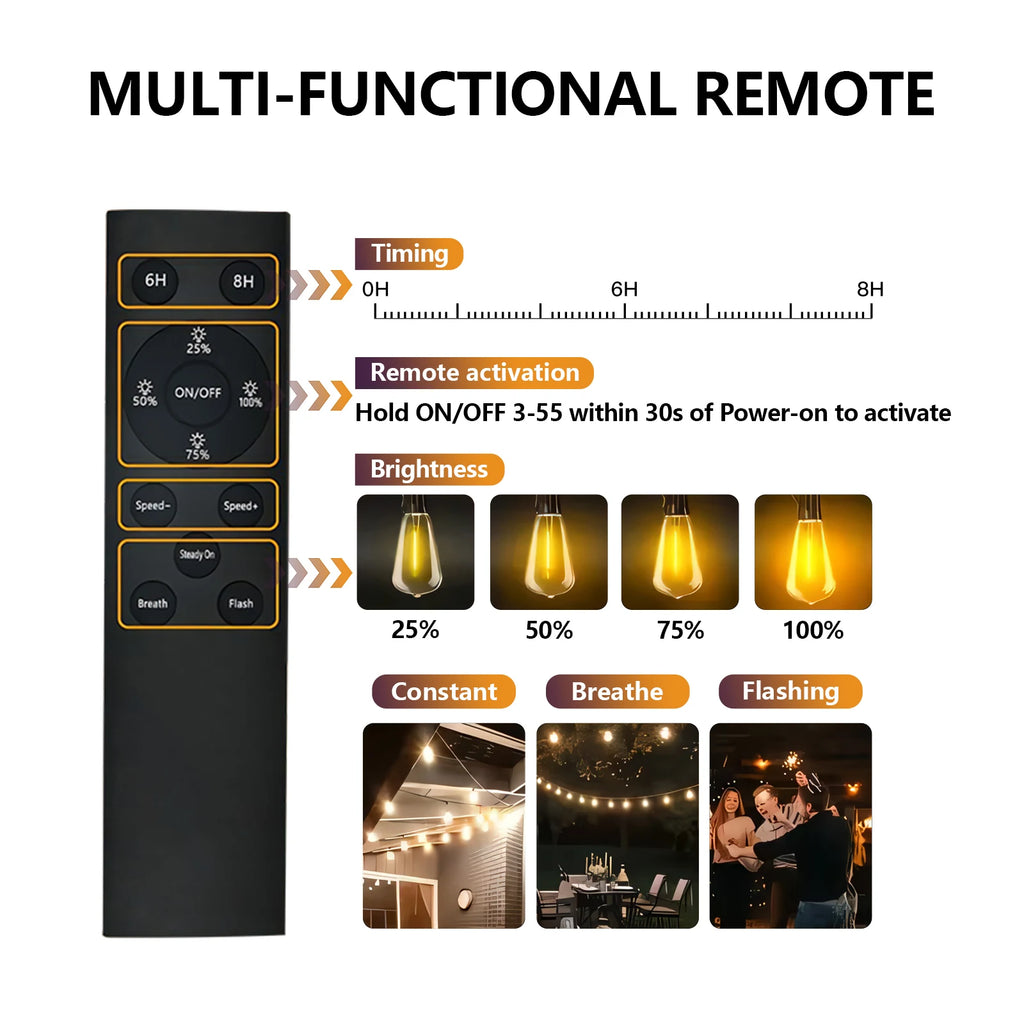 50FT ST38 Solar String Lights, 2700K Warm White, Black Wire, E12, Solar Powered with Remote, Waterproof Outdoor Patio Lights TAVEN System LLC