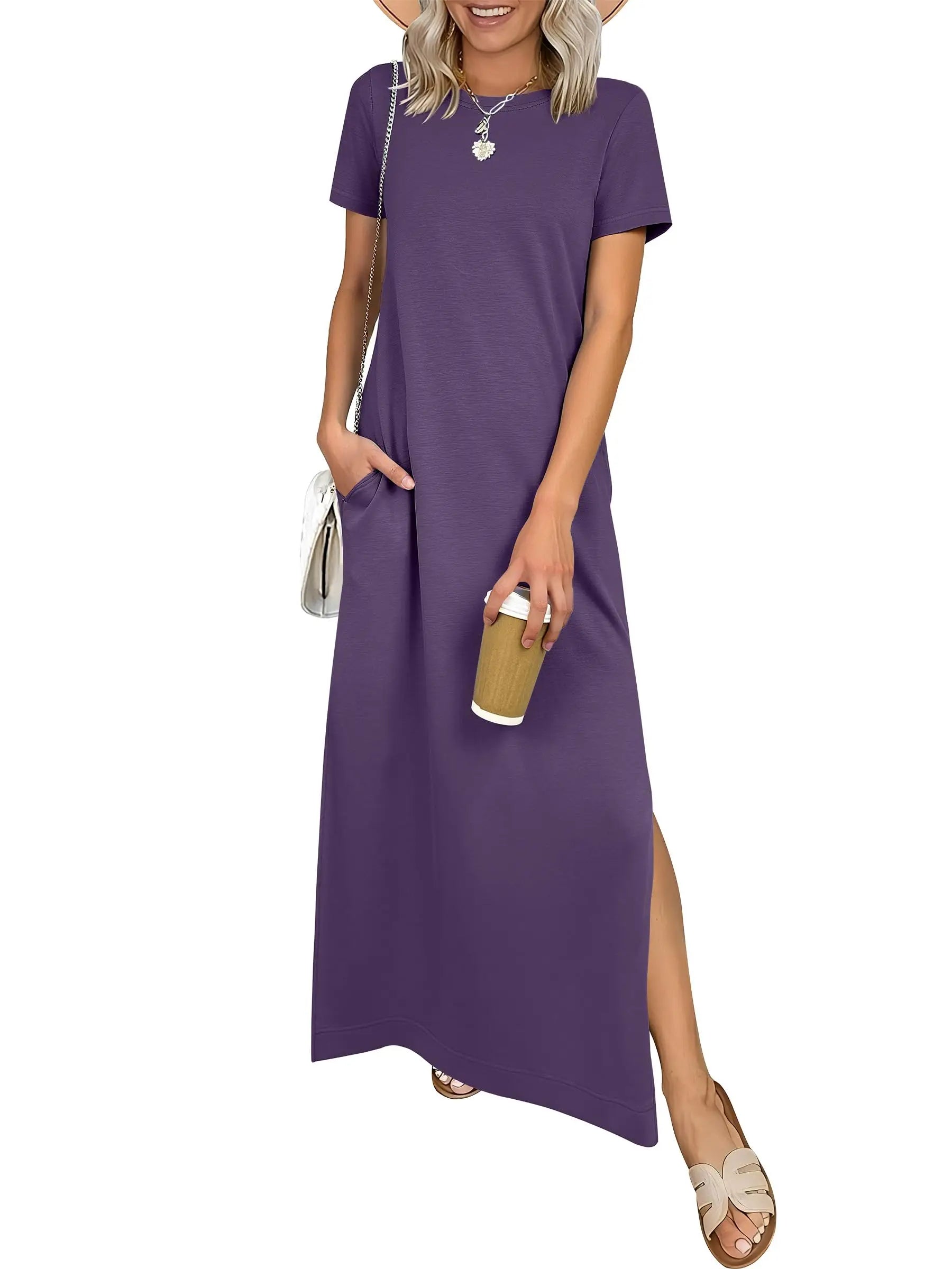 Women Short Sleeve Maxi Dress Crew Neck Side Split Casual Loose Dress